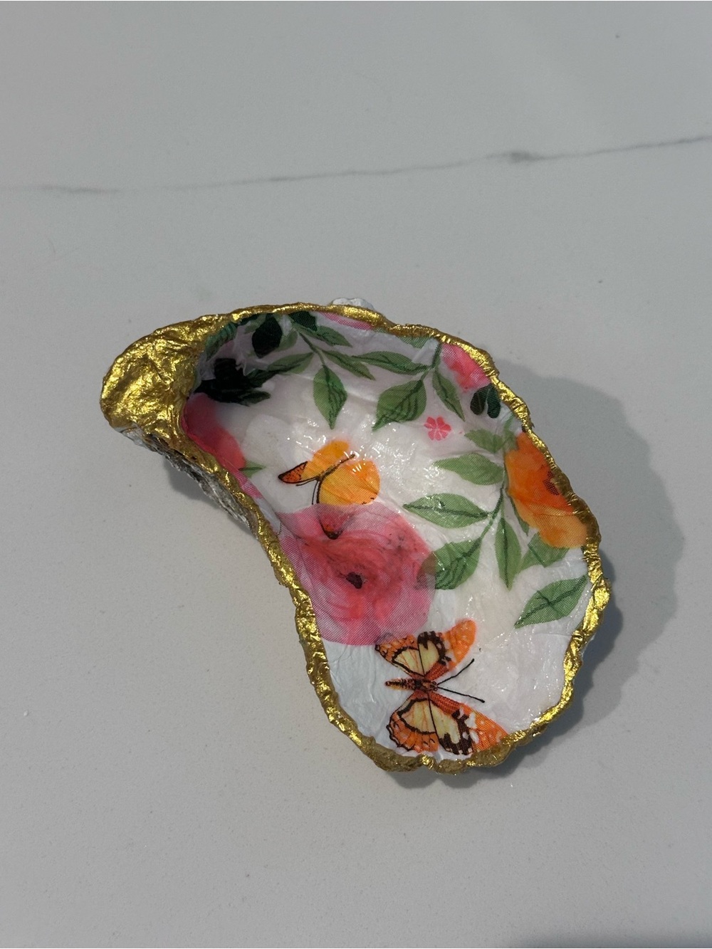 Decoupage Oyster Shell Trinket Dish Pink Rose Butterfly Floral Jewelry Ring Dish